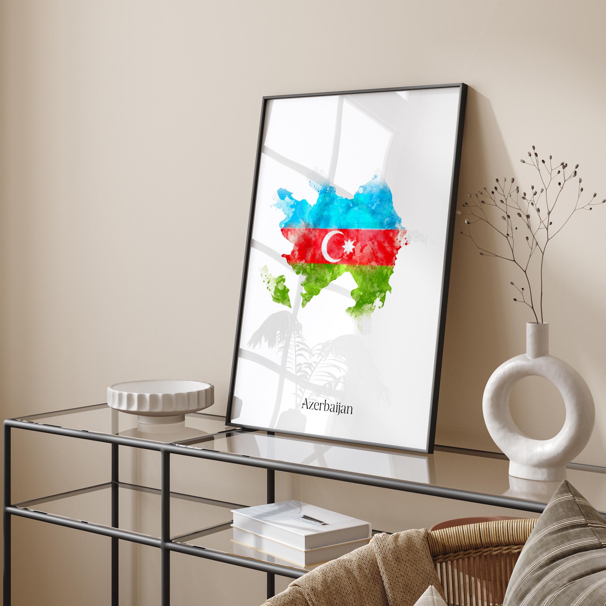 S349 ヨルゲンセン＆モルヒ ガラスプレート 25cm デンマーク アート Azerbaijan Watercolour Flag Map Wall Art Print | Azerbaijan Travel