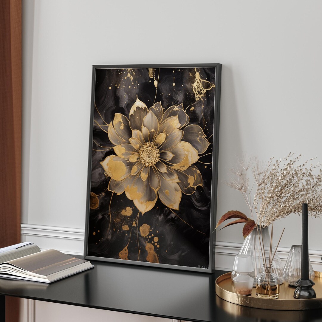 Black & Gold Flower Wall Art | Abstract Floral Print | Nature Decor for ...