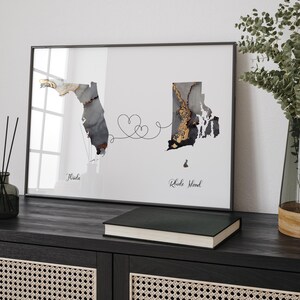 Kaart Florida en Rhode Island zwart-goud reizen muurkunst print | Florida| Cadeau voor op reis verhuizen