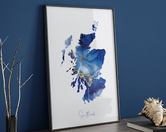Scotland Map Blue and Gold Wall Art Print