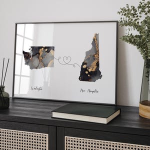 Kaart van Washington en New Hampshire zwart-goud reizen muurkunst print | Washington | Cadeau voor op reis verhuizen