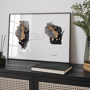 Carte de l'Illinois et du Wisconsin, impression d'art mural de voyage noir et or | Illinois | Cadeau déménagement
