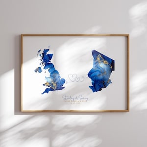 Großbritanien und Tschad Karte Blau & Gold Reise Wand Kunst | Vereinigtes Königreich | Reisen Umzug Geschenk