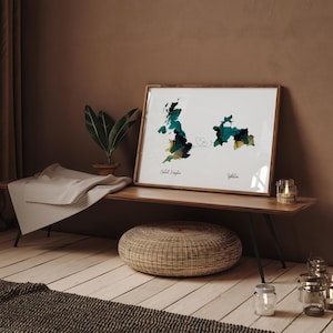 Grossbritannien und Tadschikistan Karte Grün & Gold Reise Wand Kunst | Vereinigtes Königreich | Reisen Umzug Geschenk