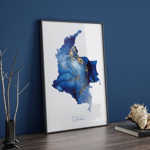 Colombia Map Blue and Gold Wall Art Print