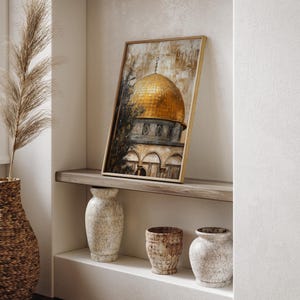 May include: A framed painting of a golden dome building with a brown and beige background. The painting is on a wooden shelf with three decorative vases.