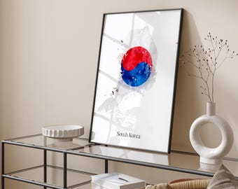 Impresión de arte mural con mapa de la bandera de Corea del Sur en acuarela / Póster de viaje de Corea del Sur