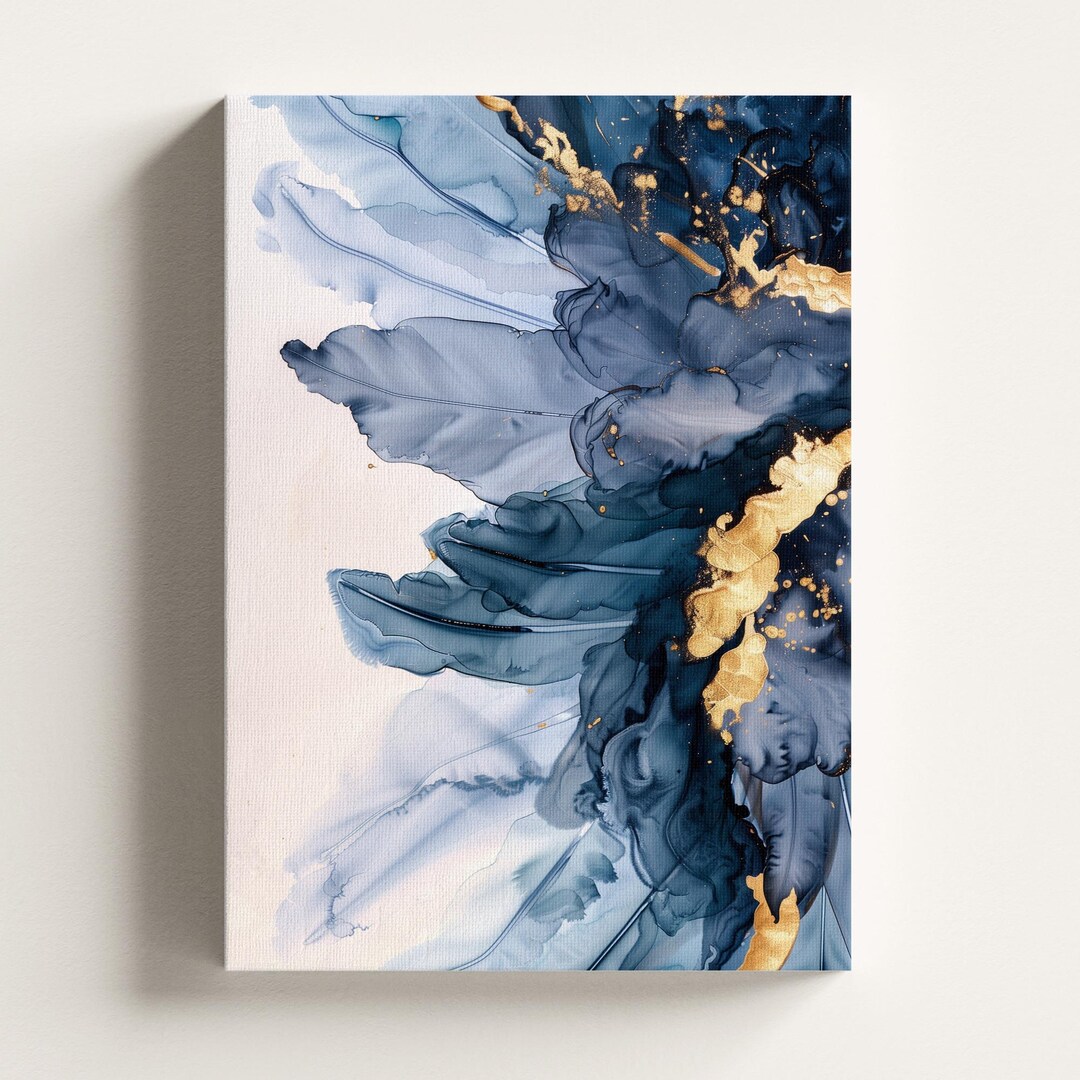 Navy Blue and Gold Abstract Canvas Wall Art | Textured Ink Flow ...