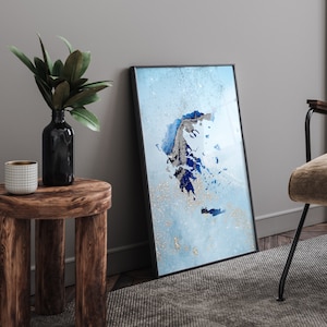 Griechenland Map Shades of Blue & Silber Wand Kunst Druck