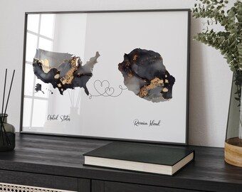 Carte des États-Unis et de l'île de la Réunion, impression d'art mural de voyage noir et or | États-Unis | Amérique | Cadeau déménagement