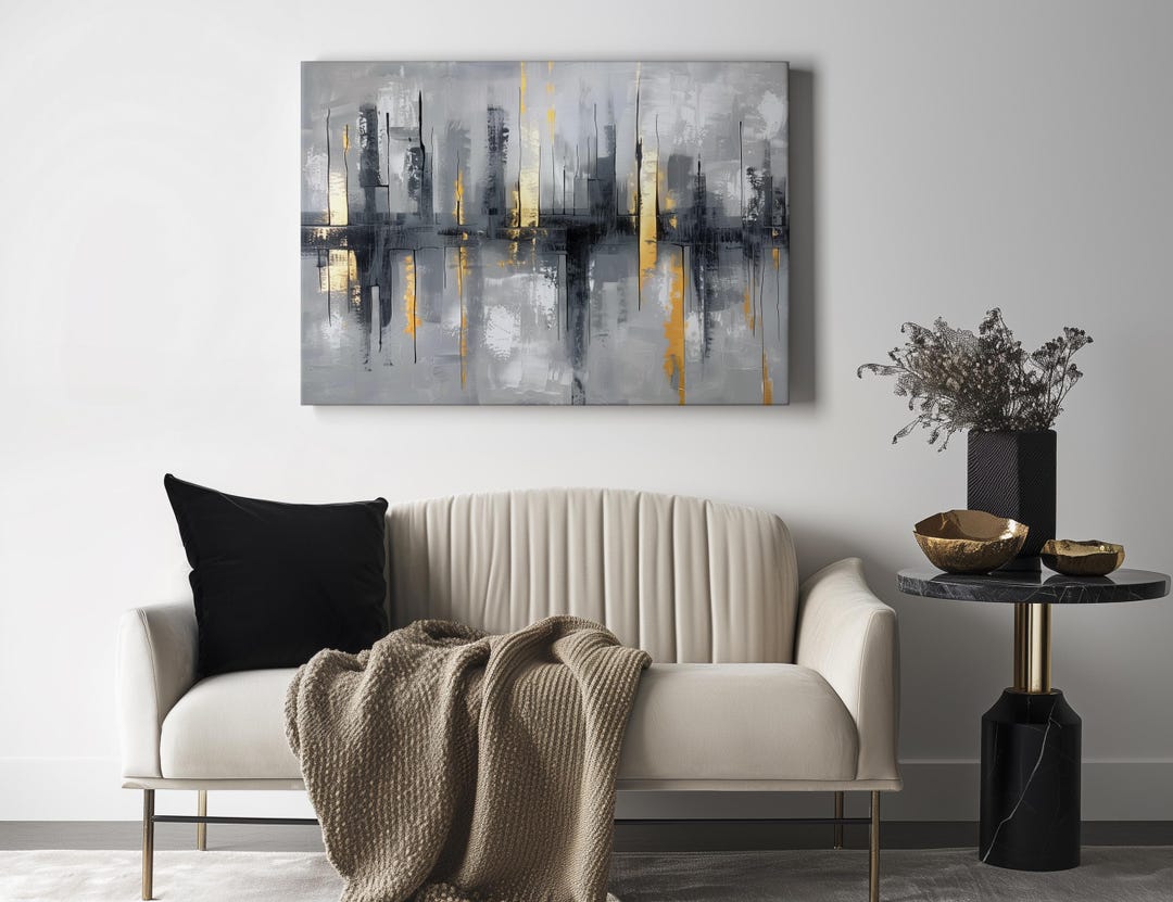 Grey & Gold Abstract Skyline Canvas Wall Art | Modern Urban Decor - Etsy