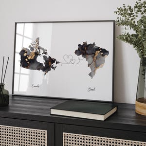 Canada and Brasil Map Black & Gold Travel Wall Art Print | Canadian | Minimalist Decor | International Travel Art