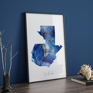 Guatemala Map Blue and Gold Wall Art Print