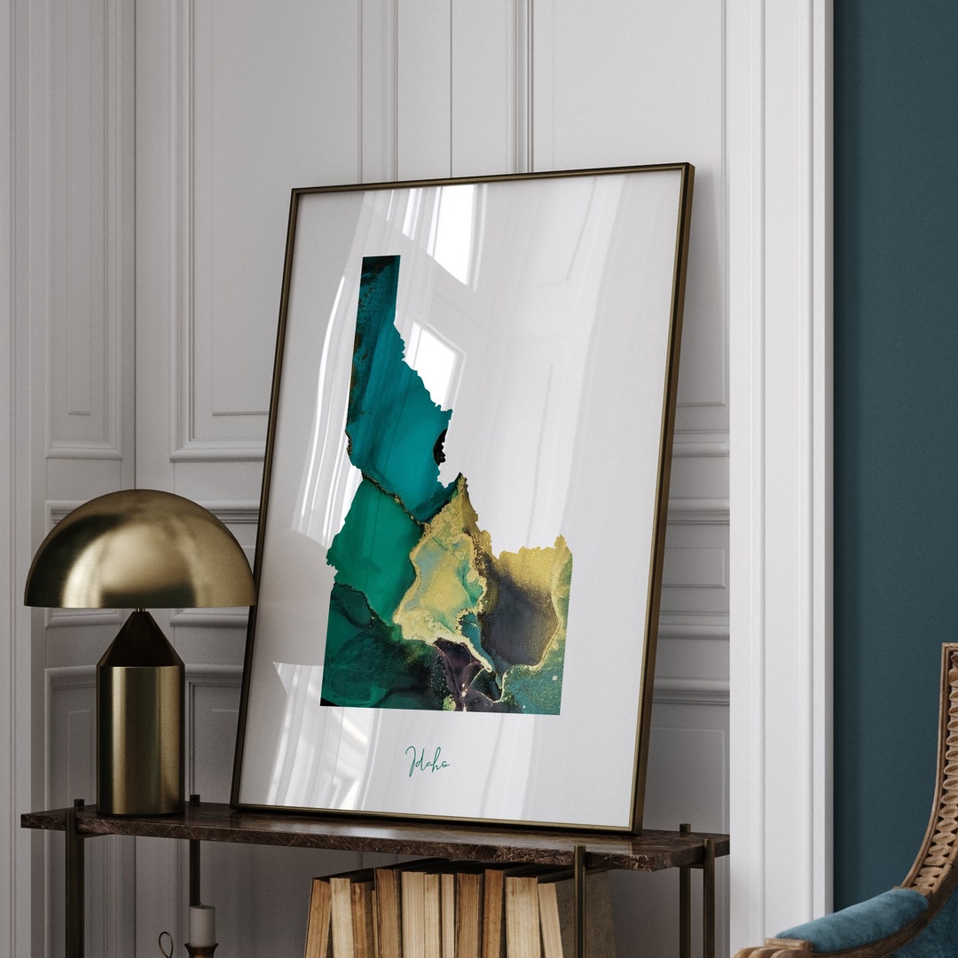 Idaho Map Emerald Green and Gold Wall Art Print | US State | USA ...
