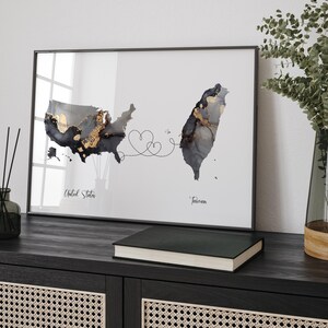 Kaart van de VS en Taiwan zwart-gouden reiskunst aan de muur | Verenigde Staten | Amerika | Cadeau voor op reis verhuizen