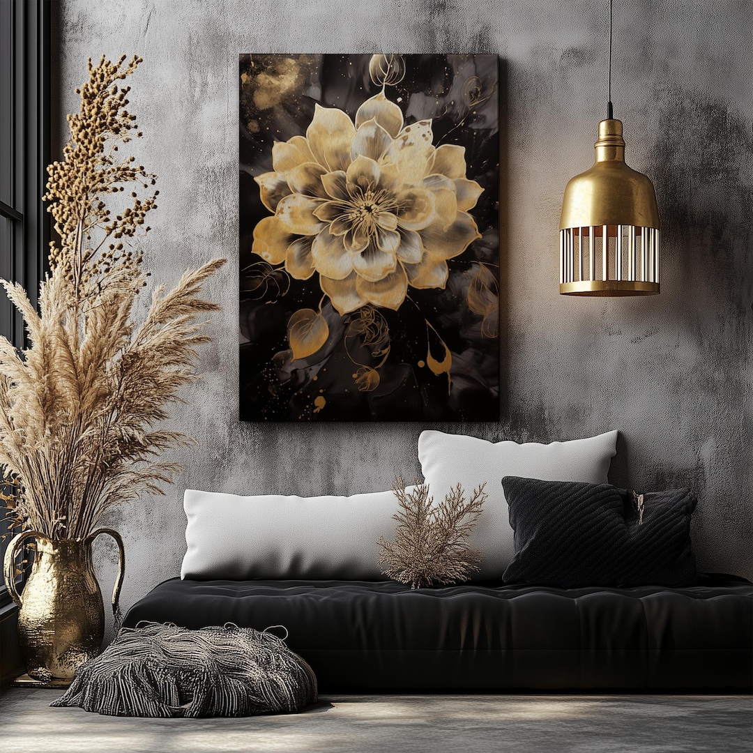 Abstract Flower Wall Art in Black and Gold | Modern Floral Canvas ...