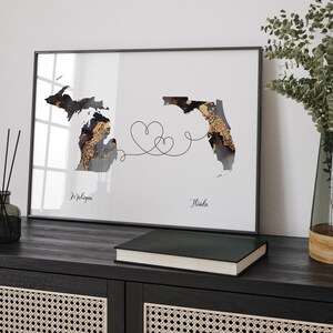 Kaart van Michigan en Florida zwart en goud reizen Wall Art Print | Michigan | Cadeau voor op reis verhuizen