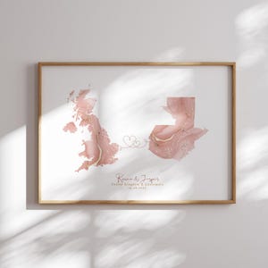 Reino Unido e Guatemala Mapa Rosa e Ouro Viagem Arte de Parede Impressão | Reino Unido | Viagem Mudança de Casa Presente