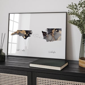 North Carolina en Washington kaart zwart-goud reizen Wall Art Print | Noord-Carolina | Cadeau voor op reis verhuizen