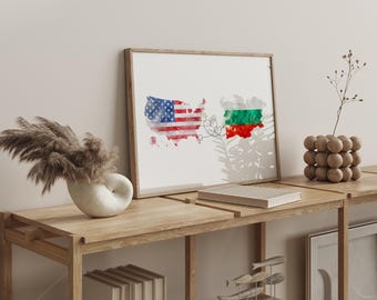 US to Bulgaria Watercolour Flag Map Wall Art Print | United State of America to Bulgaria Anniversary Moving Gift