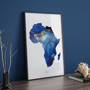 Africa Map Blue and Gold Wall Art Print