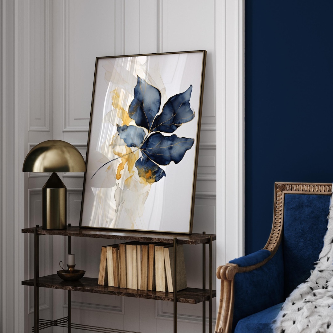 Abstract Blue and Gold Leaf Art Print | Watercolor Botanical Wall Art ...