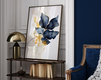 Abstract Blue and Gold Leaf Art Print | Watercolor Botanical Wall Art | Stylish Decor for Bedroom