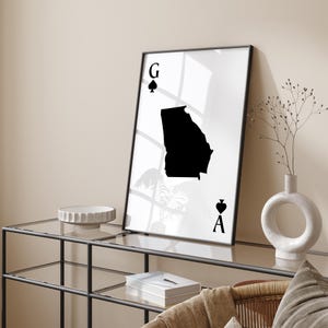 Carte de Géorgie inspirée des cartes à jouer, impression d'art mural | Minimaliste noir et blanc | Monochrome | État américain | États-Unis d'Amérique | Etats-Unis