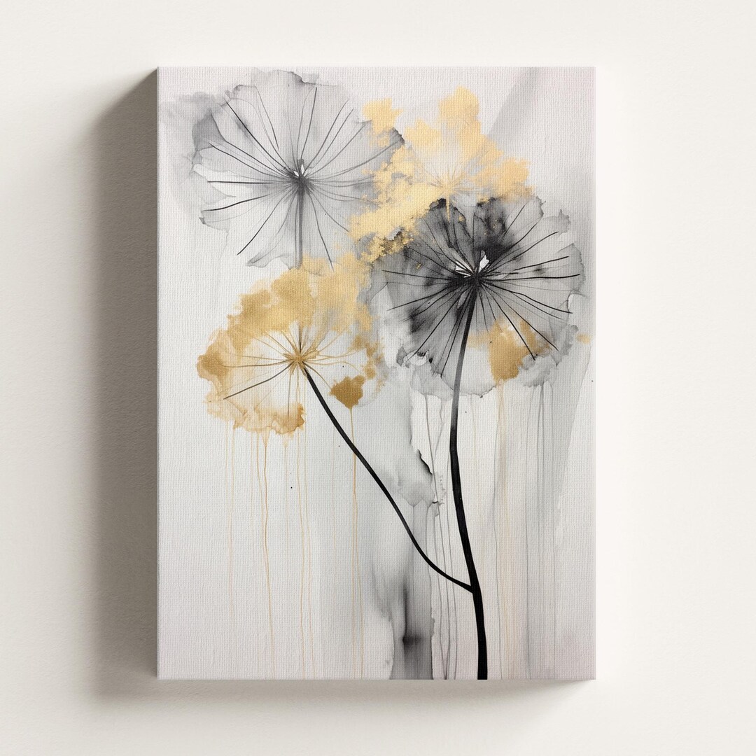 Modern Black and Gold Abstract Wall Art | Dandelion-inspired Floral ...