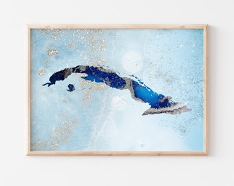 Cuba Map Shades of Blue & Silver Wall Art Print