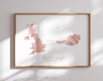 United Kingdom and Austria Map Pink & Gold Travel Wall Art Print | United Kingdom | Travel Moving Home Gift