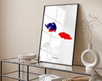 Impresión de arte mural con el mapa de la bandera de Samoa en acuarela / Póster de viaje de Samoa