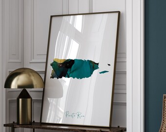 Puerto Rico Map Emerald Green and Gold Wall Art Print