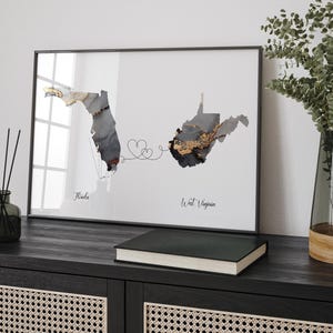 Kaart Florida en West-Virginia zwart-goud reizen muurkunst print | Florida| Cadeau voor op reis verhuizen