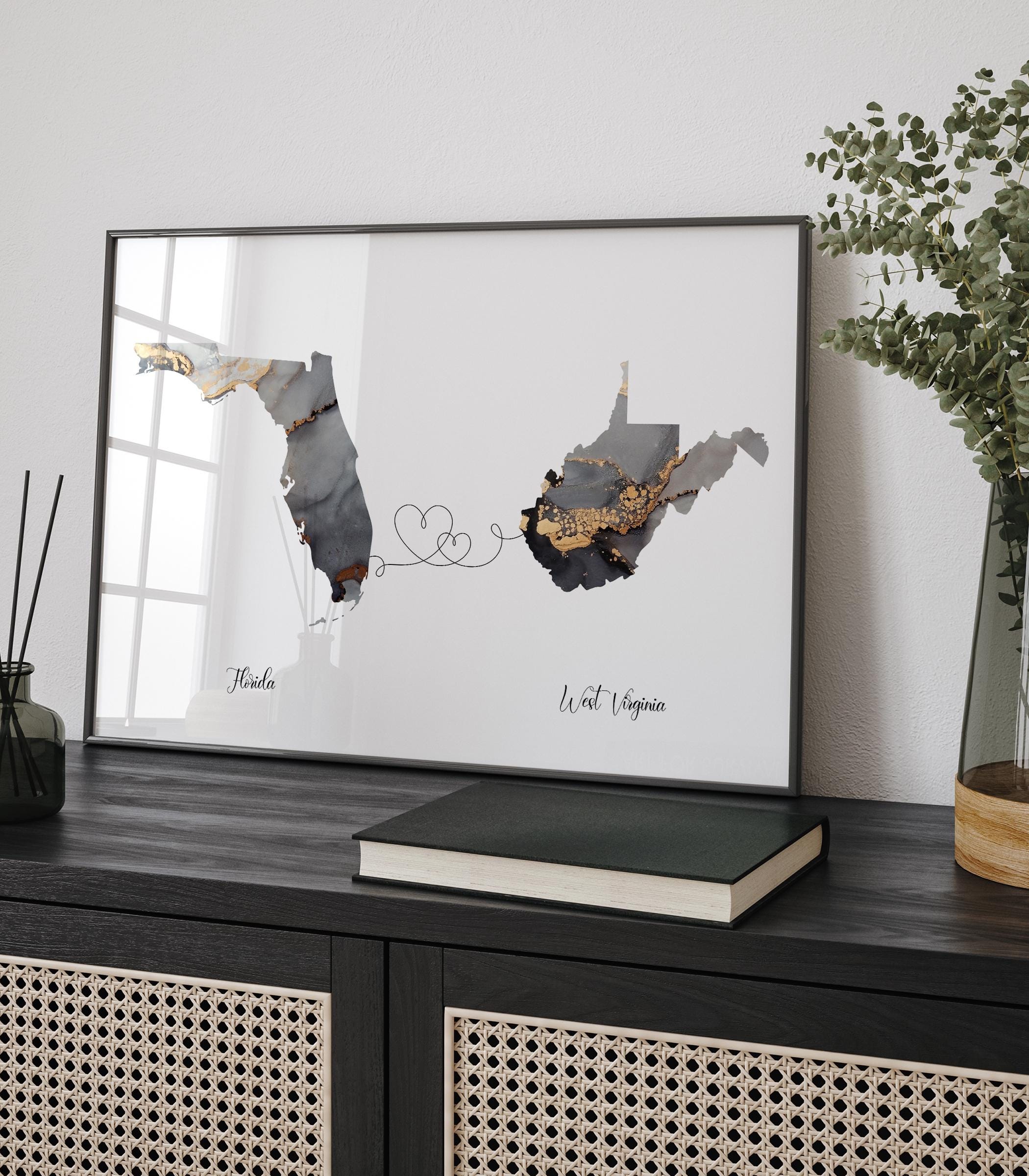 Florida and West Virginia Map Black & Gold Travel Wall Art Print | Florida| Travel Moving Home Gift