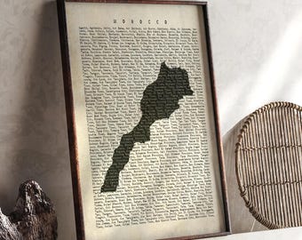 Kaart Marokko | Vintage beige typografiekaart met plaatsnamen | Reisposter Marokko | Muurkunstafdruk