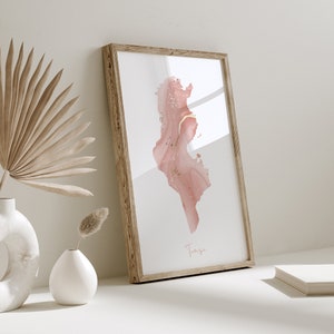 Impression d'art mural carte de la Tunisie rose et or