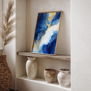 Abstract Geometric Blue and Gold Floral Wall Art | Modern Flower Design ...