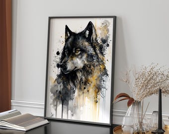 Black and Gold Wolf Wall Art | Abstract Wildlife Print | Modern Animal Decor for Living Room
