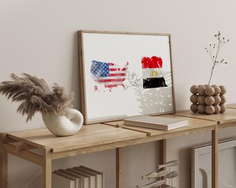 US to Egypt Watercolour Flag Map Wall Art Print | United State of America to Egypt Anniversary Moving Gift