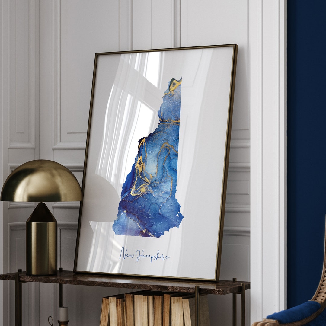 New Hampshire Map Blue and Gold Wall Art Print | US State | United ...