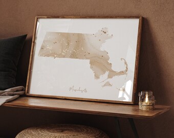 Mappa del Massachusetts Stampa artistica da parete beige e oro / Stato USA / USA / Stati Uniti d'America