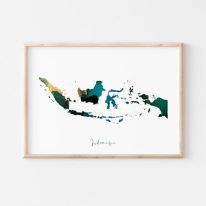 Carte de l'Indonésie, impression d'art mural vert et or