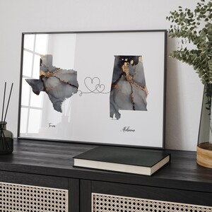 Carte du Texas et de l'Alabama, impression d'art mural de voyage noir et or | Texas | Cadeau déménagement