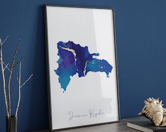 Dominican Republic Map Blue and Gold Wall Art Print
