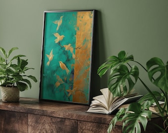 Emerald Green & Gold Flock of Birds Wall Art Print | Abstract Nature Decor