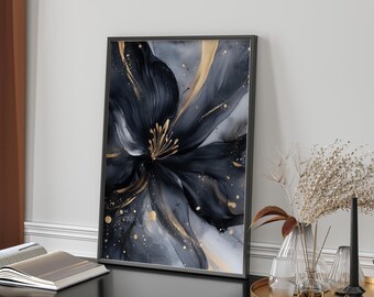 Impresión artística de diente de león en negro y dorado / Arte floral para pared / Decoración elegante inspirada en la naturaleza para el dormitorio