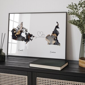 Kanada und Kamerun Karte Schwarz & Gold Reise Wand Kunst Druck | Kanadisch | Minimalistisches Dekor | Internationale Reisekunst