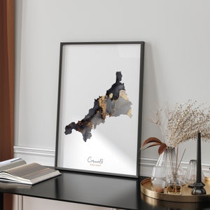 Carte des Cornouailles, impression d'art mural noir et or | Angleterre | Royaume-Uni | Grande-Bretagne