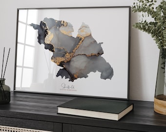 Sheffield Map Black & Gold Wall Art Print| South Yorkshire | England | United Kingdom | Great Britain